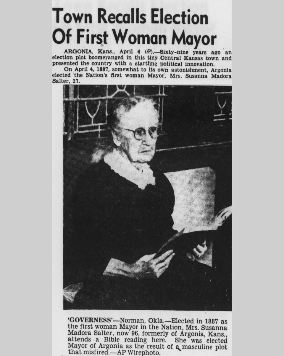 NEHgov's tweet photo. #OTD in 1887, Susanna M. Salter became the first woman mayor in the U.S. when she was elected to serve in #Argonia, #Kansas.
“I didn’t know I was on the ballot until I went to the polls,” Salter told the 1956 “Evening Star.”
Read more at #ChronAm: https://t.co/1yecPcpPPV https://t.co/7aTlje2XHs