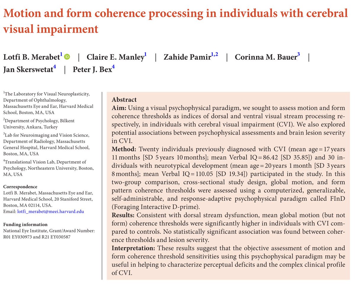 Jan Skerswetat (@janskerswetat) on Twitter photo 🚨New paper🚨Alongside Prof Merabet & colleagues from <a href="/harvardmed/">Harvard Medical School</a> we used the new, generalizable FInD method to test motion and form processing in people w/wo Cerebral Visual Impairment. #visionscience
onlinelibrary.wiley.com/doi/10.1111/dm… 🚨New paper🚨Alongside Prof Merabet & colleagues from <a href="/harvardmed/">Harvard Medical School</a> we used the new, generalizable FInD method to test motion and form processing in people w/wo Cerebral Visual Impairment. #visionscience
onlinelibrary.wiley.com/doi/10.1111/dm…