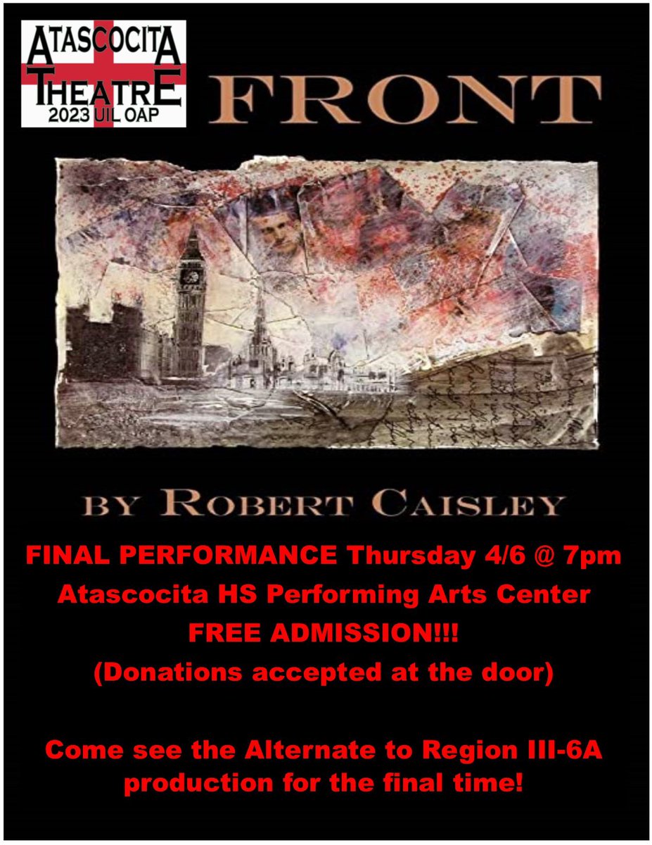 This Thursday, April 6, Atascocita is having its final performance of ‘Front’ in the AHS PAC @ 7pm! Admission is free and we would love it if you could make it out to see this beautiful show. 
Come see this show with its final performance if you can! We hope to see you there 🪖🤎