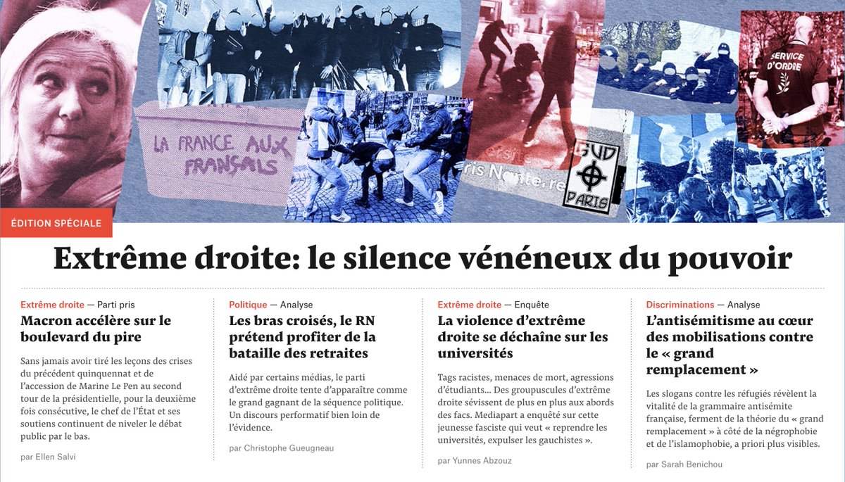 Face à l'extrême droite,  ses idées et à ses violences, le silence complice du pouvoir qui, par son autoritarisme policier et son absolutisme présidentiel, lui fait la courte échelle. <a href="/Mediapart/">Mediapart</a> par <a href="/ellensalvi/">Ellen Salvi</a> <a href="/gueugneau/">antoine gueugneau</a> <a href="/Yunnes_Abzouz/">Yunnes Abzouz</a> <a href="/sarahbenichou82/">Sarah Benichou</a> 
mediapart.fr