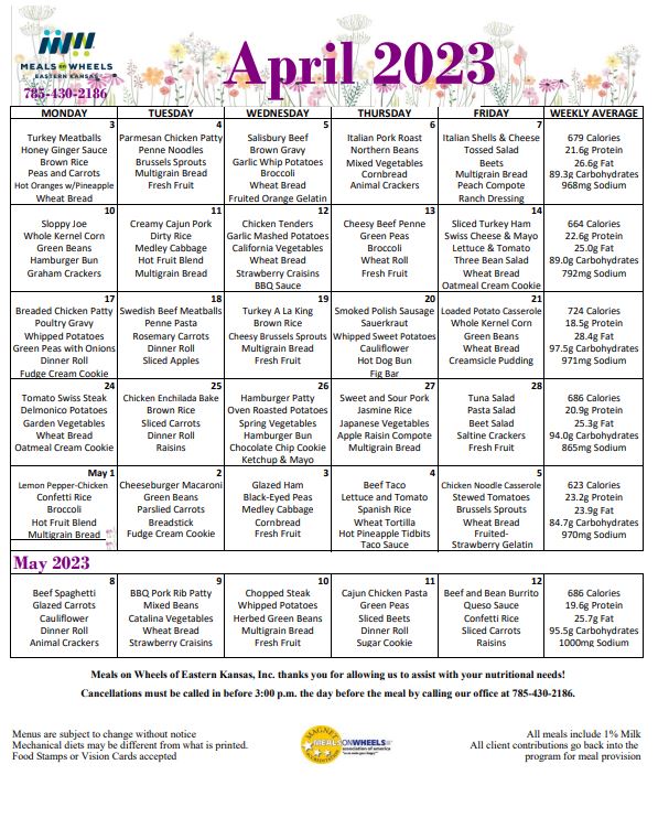 TopekaMOW's tweet image. We're a tad late this month, but here is the April menu. Happy spring everyone!