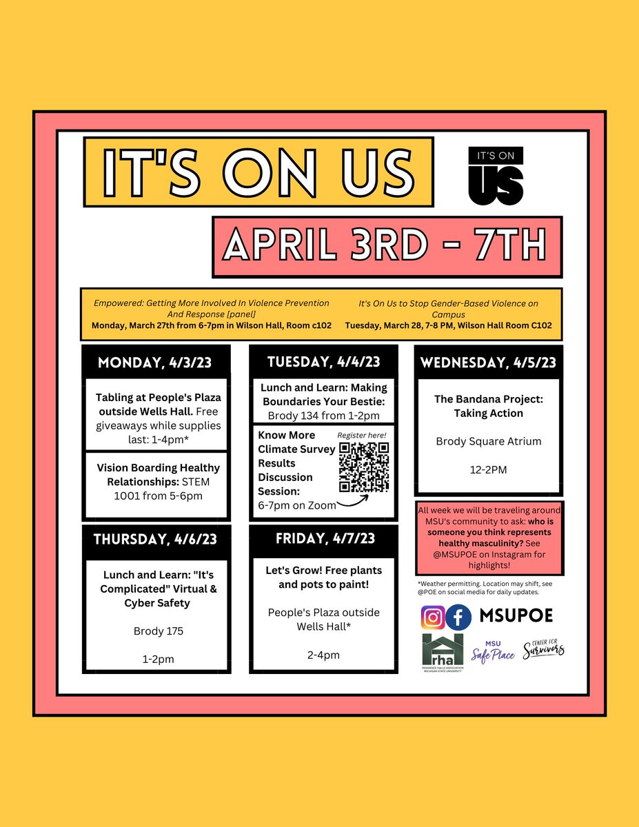 SupportMoreMSU's tweet photo. We have a full week of engaging events planned for It's On Us week. For today:  

- Lunch and Learn: Making Boundaries Your Bestie, Brody Hall, Rm 175, 1-2 pm  

- Know More Survey Results Discussion Session, 6-7 pm via Zoom  

More details: https://t.co/EAi5WRlBxo https://t.co/y2uS1QegMH