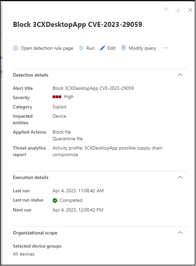 InfosecPandey's tweet image. Added a new custom detection #KQL rule on #DefenderforEndpoints.
This will scan for #3cxdesktopapp vulnerable applications every hour and block them when found on the devices.
Detection #KQL rule can be found on the Threat Analytics blade.
#3CX #3cxdesktopapp #DataLeak #zeroday