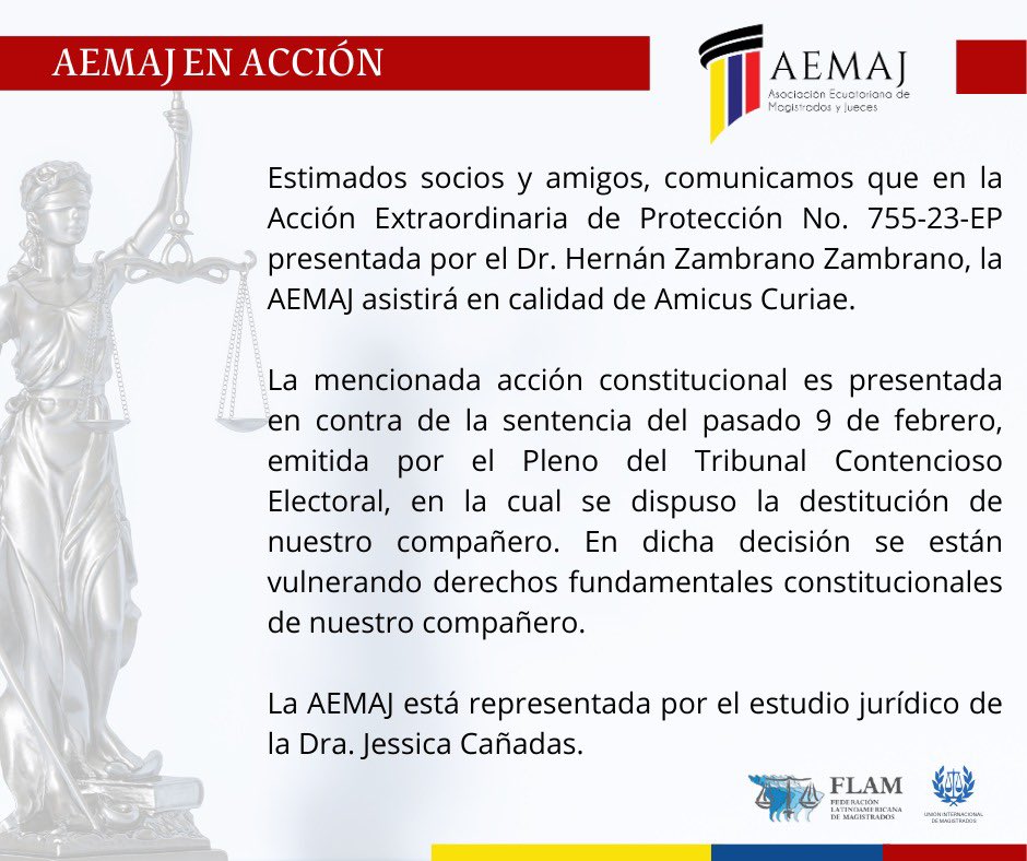 AsoJuecesEc's tweet photo. #AEMAJenAcción Comunicamos que en la Acción Extraordinaria de Protección No. 755-23-EP presentada por el Dr. Hernán Zambrano Zambrano, la #AEMAJ asistirá en calidad de Amicus Curiae.

La Asociación está representada por el estudio jurídico de la Dra. @JessicaCanadas https://t.co/XXib5LBqcZ
