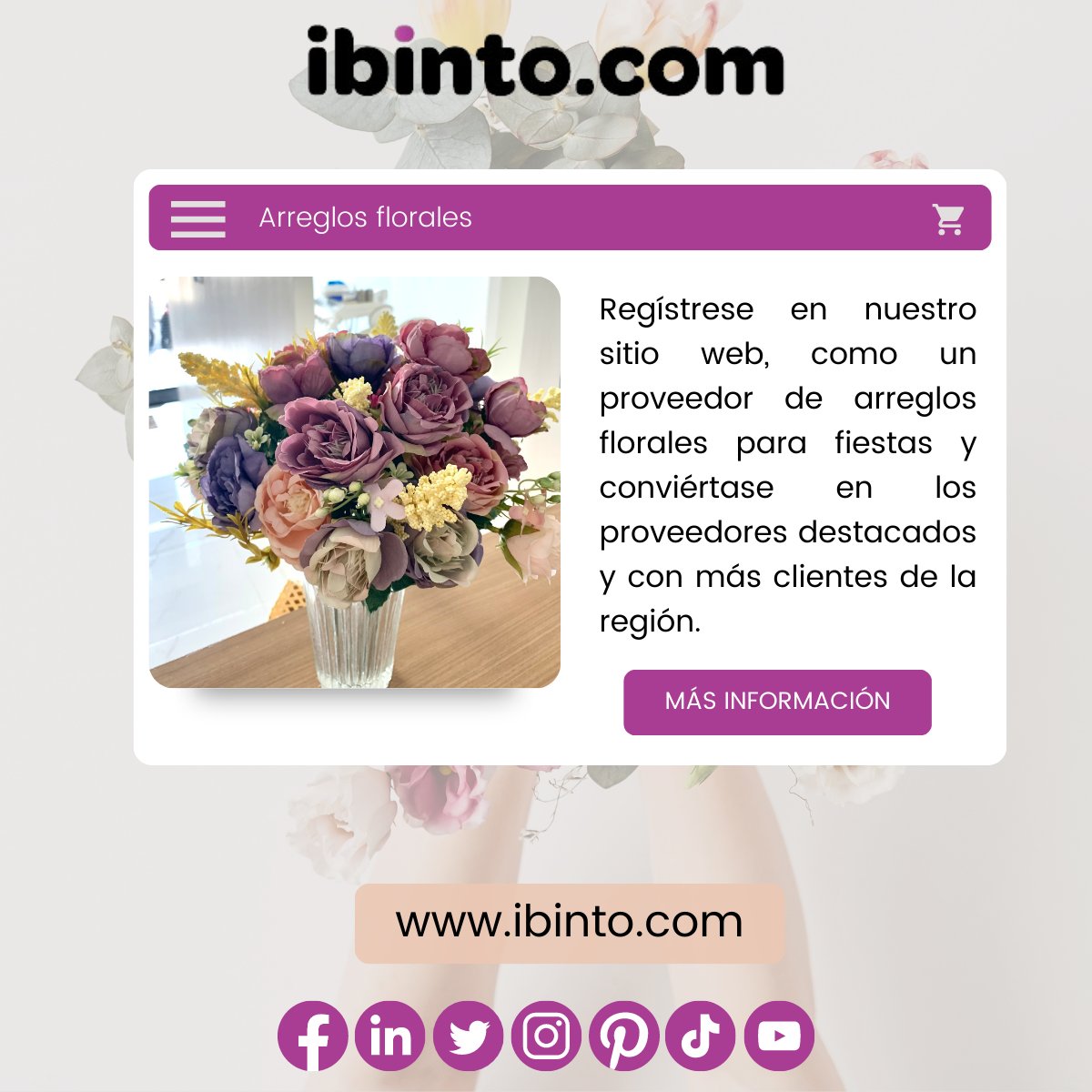 Si eres proveedor de arreglos florales, publicítate con nosotros y descubra los beneficios de ser parte.

#Ibinto #Eventos #Proveedores #Fotografía #SalonesDeFiestas #JardinesDeFiestas #EventosSociales #EventosCorporativos #EventosEmpresariales #TurismoDeReuniones #Bodas #Hoteles