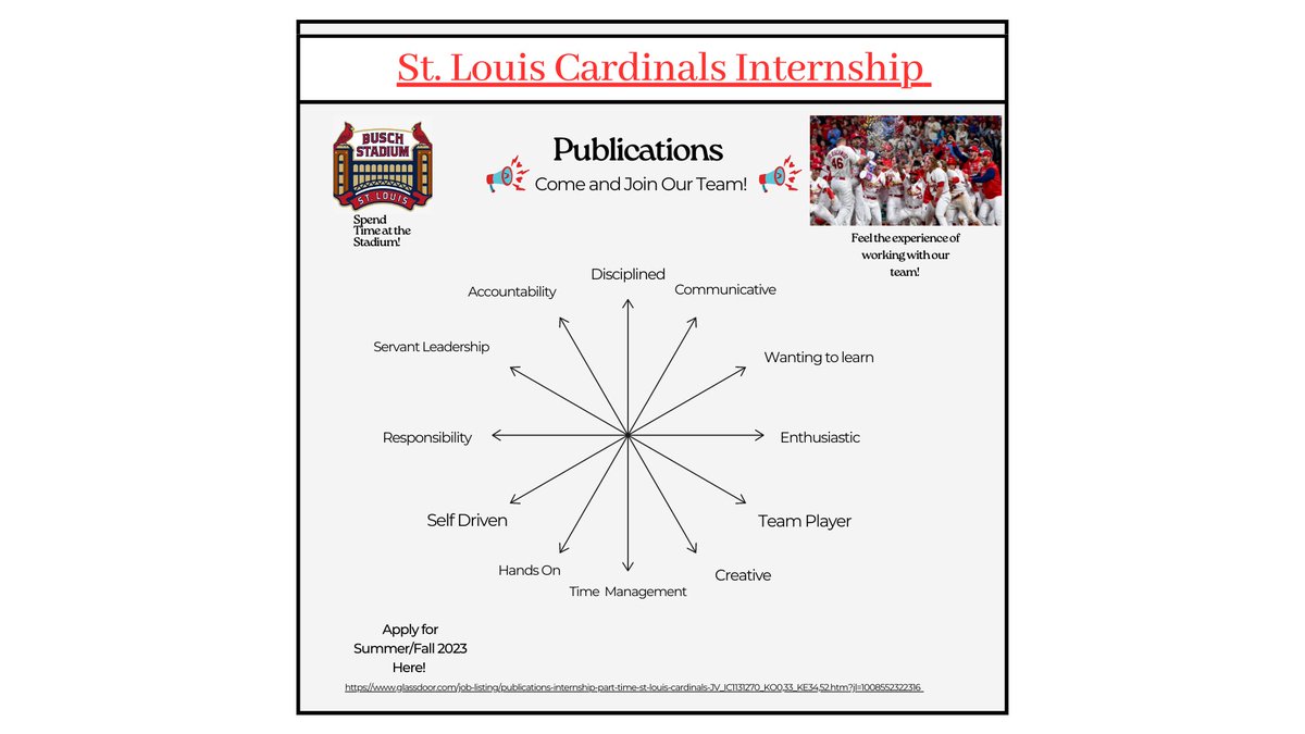 Maxmoon24's tweet photo. St. Louis Cardinals are looking for future interns! Go ahead and check out the opportunity in Publications!
@teacherJLK , @msucom495 ,@MSU_RCOAL @msuCOMDept #spring309

https://t.co/d7ajIZIV00 https://t.co/sd8hAnDc9H