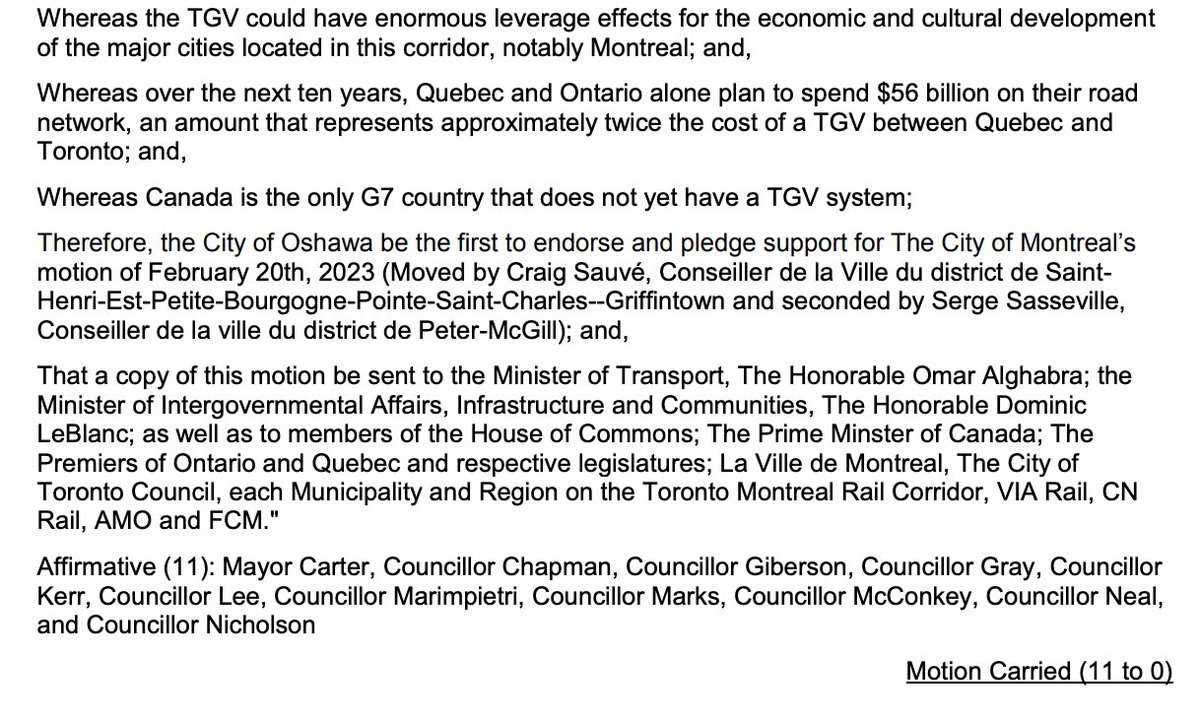 CraigSauve's tweet photo. There is positive momentum for High-Speed passenger rail in the Toronto-Quebec Corridor!

Toronto + Oshawa have both adopted motions in favour of adding High-Speed service to the Federal Rail improvement plan:

https://t.co/RlPr15vSEI

https://t.co/ulScAQpKK7

#polmtl #ONpoli https://t.co/B1Xyu4TbTC