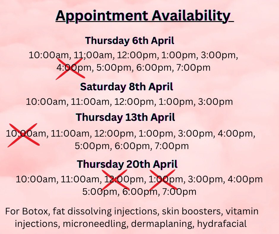 ✨Available Appointments✨

#book #booknow #beauty #aesthetics #hydrafacial #dermaplaning #microneedling #skinboosters #fatdissolving #fatdissolvinginjections #vitamininjections #SHEFFIELD #availability #april