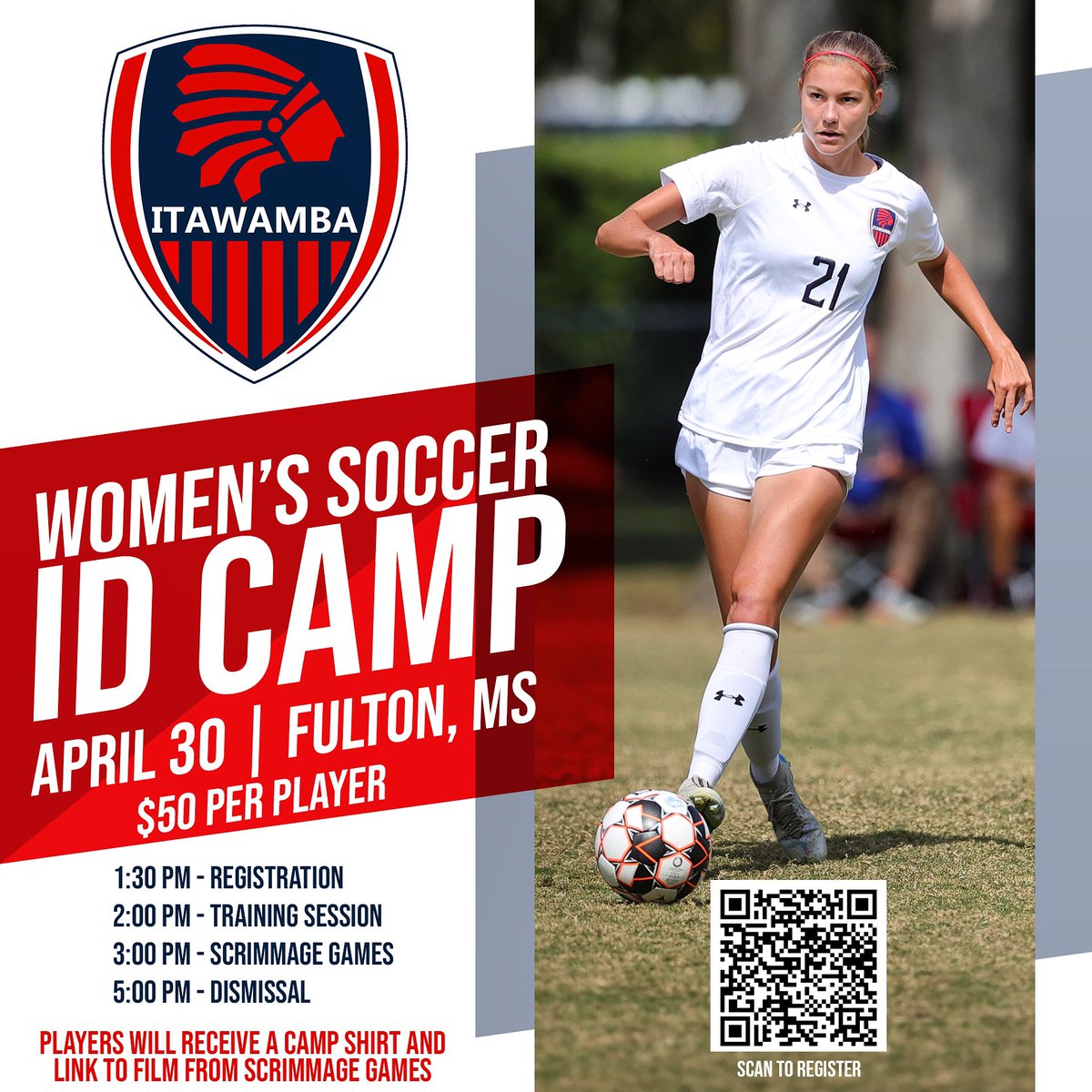 ICC_Soccer's tweet photo. 🚨2023 SPRING ID CAMP🚨 
ITAWAMBA WOMEN’S SOCCER 
🗓️ Sunday, April 30th 
⏰ 2:00pm-5:00pm. Check-In @ 1:30
💲 $50 per camper
📍 ICC Soccer Complex. Fulton, MS
✅ Open to current 9th-12th grade players

Scan the QR code to register for the event #RollTribe⚽️ https://t.co/b6kEOU4CgI