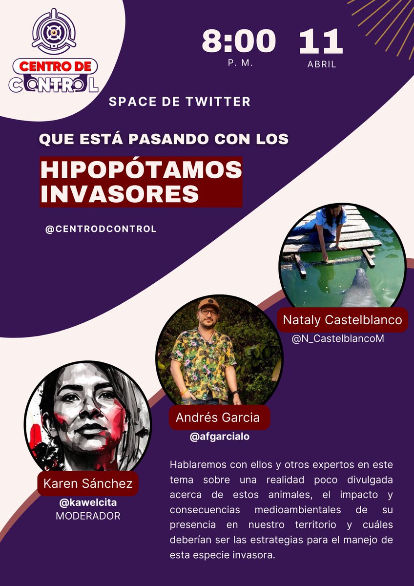 #HipopotamosInvasores ¿Cuál es el origen de este problema en nuestro país, que han hecho los gobiernos para controlarlo y qué se ha planteado para solucionarlo? Los expertos responderán estas y otras preguntas en nuestro próximo Space, martes 11 de abril 8:00pm.