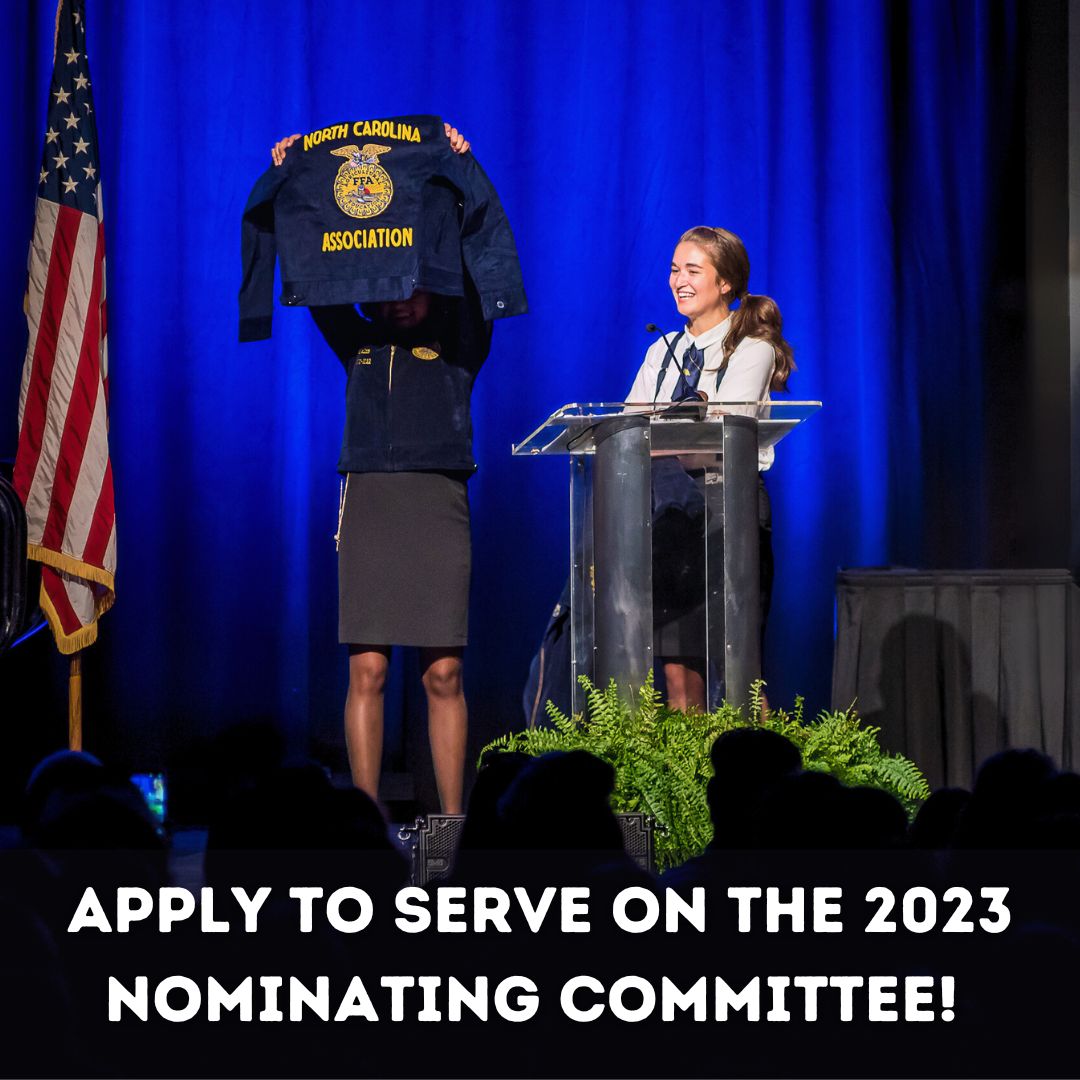 Do you want to be a part of selecting the next North Carolina FFA state officer team? Then apply today to serve on this year's nominating committee!

Applications are due this Friday, April 7th. To learn more, and to access the application, click here: ncffa.org/.../ncffa.../s…