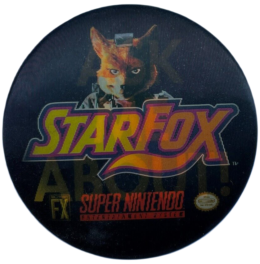 AndrossSF0's tweet photo. A 1993 Star Fox lenticular pinback button. This was likely worn by retail employees to advertise the game. #starfox #SNES #supernintendo #Nintendo https://t.co/HgjSNNmn9N