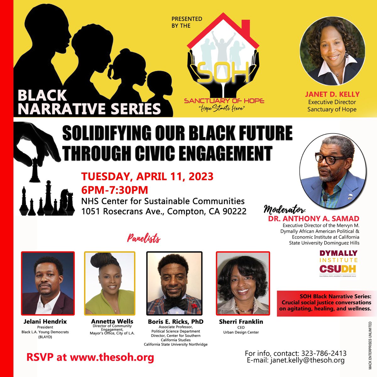 Sanctuary of Hope's Black Narrative Series invites you to a conversation on "Solidifying Our Black Future" next Tuesday, 4/11 at 6 pm at the Neighborhood Housing Services Center for Sustainable Communities. Black Los Angeles' future is promising.  #HopeStartsHere