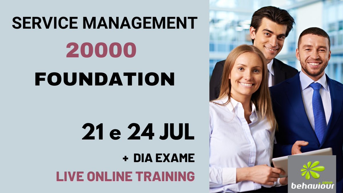 Behaviour_'s tweet image. Service Management 20000 Foundation, curso prático da norma ISO 20000. Inscreva-se online: behaviour-group.com/PT/curso-servi…

#ISO20000 #itservicemanager #itservicemanagement #gestaoservicoti #formacaoonline #onlinetraining #onlinecourse #behaviourgroup