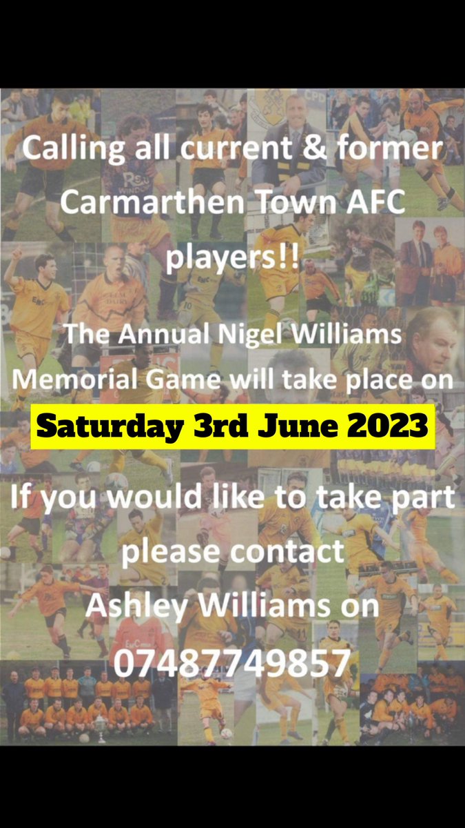 Nigel Williams Memorial Game 

This club has a huge history and my dad was a massive part of it along with many players. I would appreciate any support in getting players together to remember Nigel williams 🍺👍⚽️⚽️

Please share 

<a href="/CarmarthenAFC/">Carmarthen Town AFC 🏴󠁧󠁢󠁷󠁬󠁳󠁿</a>