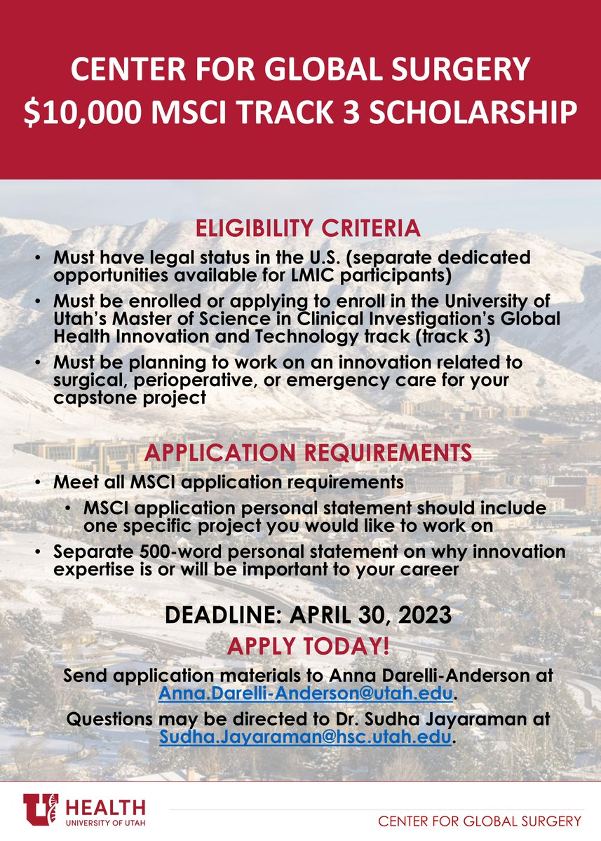 Center for Global Surgery (@uucgs) on Twitter photo Our Center is excited to announce a $10K scholarship opportunity for those wanting to enroll in Track 3 of <a href="/UUtah/">University of Utah</a>'s MSCI program + planning to work on an #innovation related to surgical, perioperative, or emergency care for their capstone. See flyer for more info! #GlobalHealth Our Center is excited to announce a $10K scholarship opportunity for those wanting to enroll in Track 3 of <a href="/UUtah/">University of Utah</a>'s MSCI program + planning to work on an #innovation related to surgical, perioperative, or emergency care for their capstone. See flyer for more info! #GlobalHealth