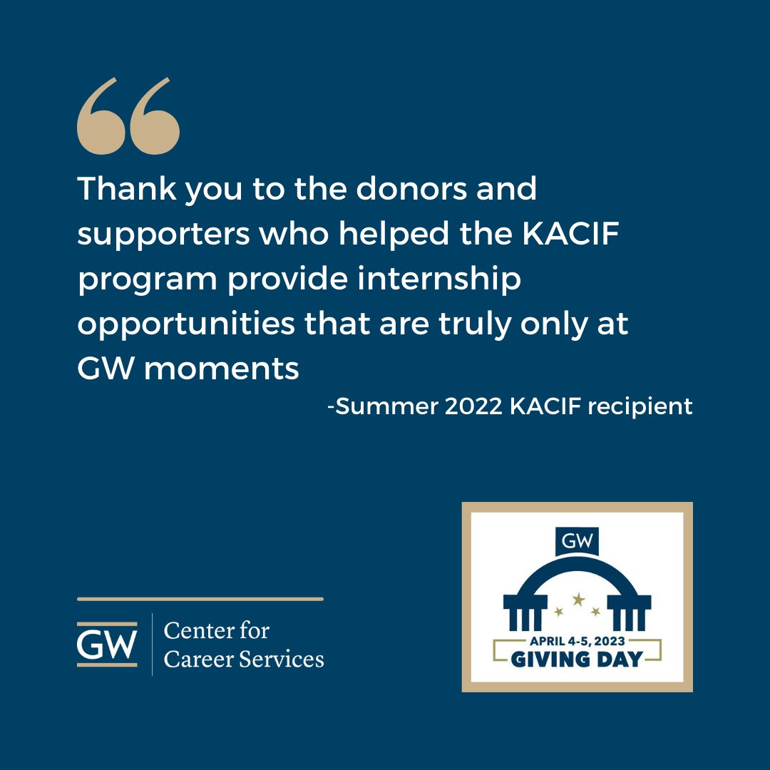 Hello GW Alumni! The Knowledge in Action Career Internship Fund (KACIF) could really use your help this Giving Day. Gifts to KACIF support students' pursuit of high-quality unpaid internships that foster career exploration. More info: careerservices.gwu.edu/support-career…
#GWU #GWgivingday