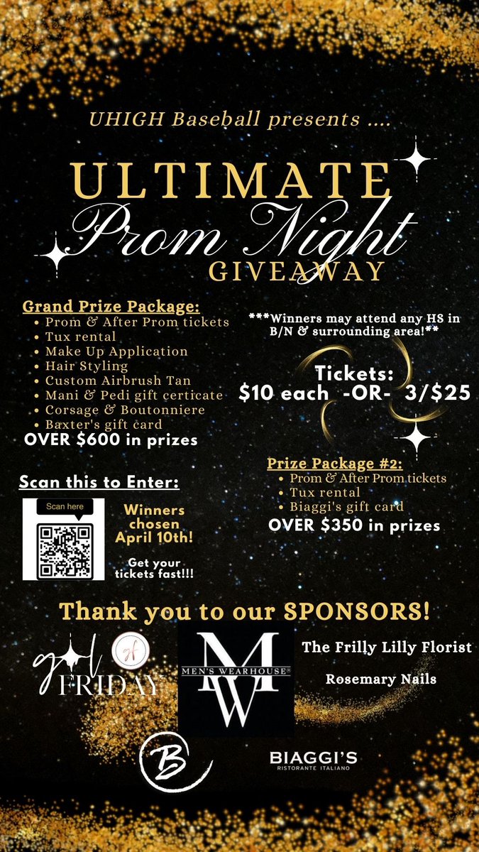 Hello Pioneer Baseball Fans. Check out this great opportunity to support the baseball team!
 
Prom Season is upon us. The winners of the giveaway can come from any local school to support every student’s prom plans. Get ready now!