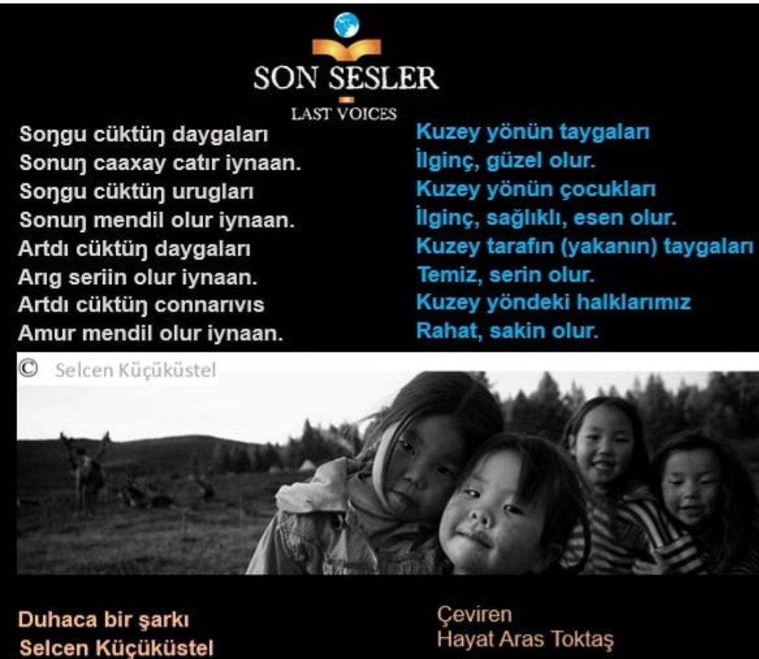 SavkCelik's tweet image. Duha Türkçesi bir türkünün sözleri.
tehlikedekidiller.com 

#Dukhanlanguage #endangeredlanguage