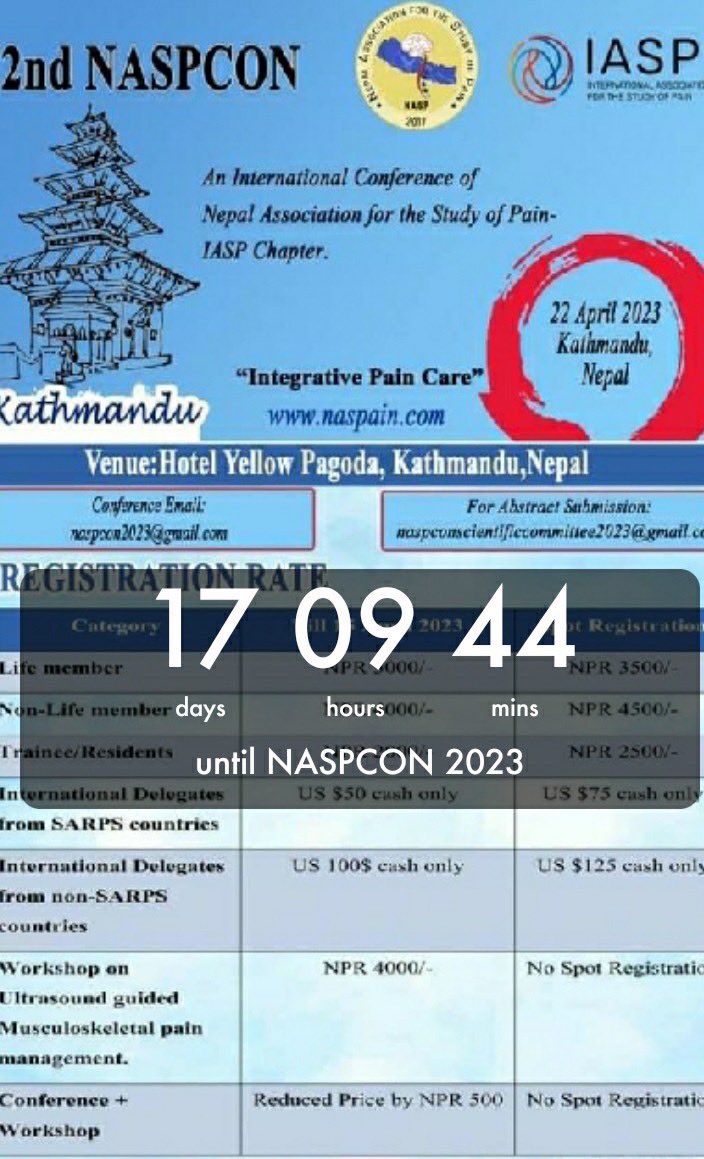 ninanepal's tweet photo. 🎙️ #NASPCON23. Open to anyone who has involvement in Clinical Pain Management
🗓️ 9th Baisakh 2080 (22/04/2023)
🚨 2nd Baishak 2080 (15/04/2023)
⏰ 9:00 AM - 5:00 PM
📍 Yellow Pagoda Hotel
🔗 https://t.co/SdNudGrMKE
Join us. Let’s come together to celebrate Integrative Pain Care https://t.co/7DqZeF0Vpt
