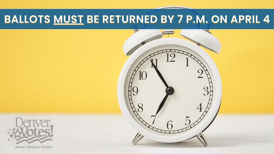 Time is running out to vote in this important local election! Your ballots MUST be returned by 7pm today!  Visit denvergov.org/Government/Ele… to learn more about the candidates running, register to vote, track your ballot, and find your nearest vote center &amp; secure drop-off boxes.