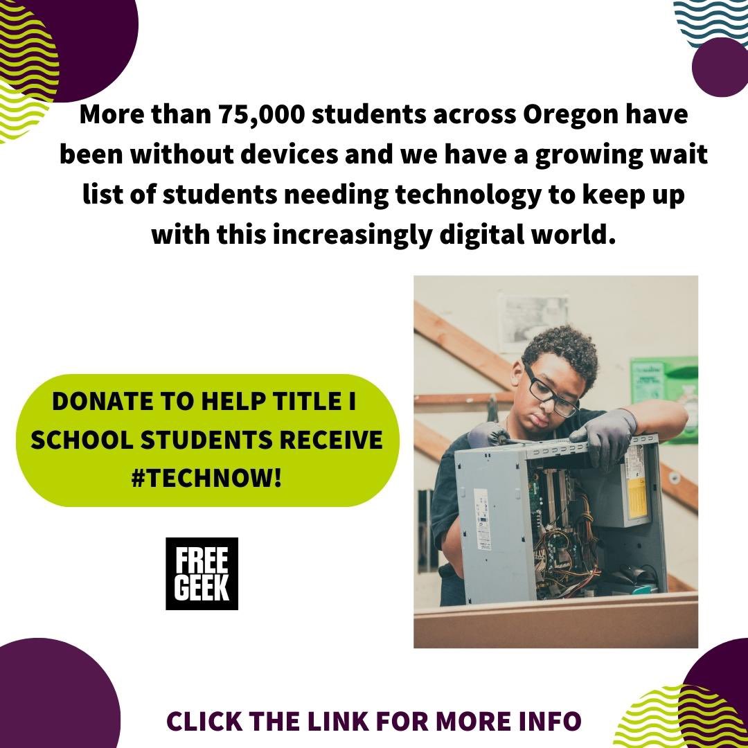 FreeGeekPDX's tweet image. #TechNow is officially here! In celebration of our 23rd birthday on Earth Day, we are hosting #TechNow collection events across the Portland Metro Area and raising  $15,000 for students of Title I schools across Oregon. 

Donate today: 

secure.givelively.org/donate/free-ge…