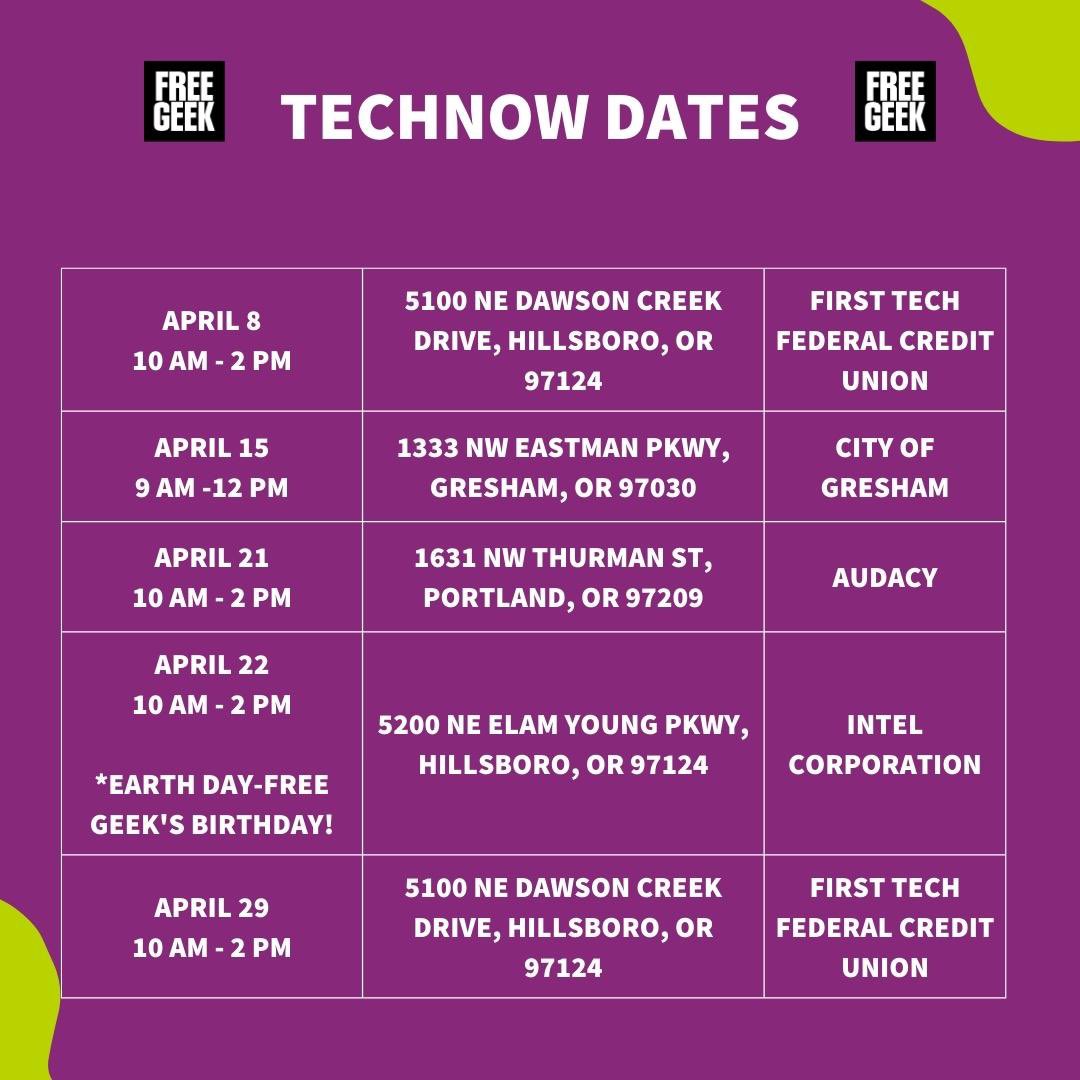 FreeGeekPDX's tweet image. #TechNow is officially here! In celebration of our 23rd birthday on Earth Day, we are hosting #TechNow collection events across the Portland Metro Area and raising  $15,000 for students of Title I schools across Oregon. 

Donate today: 

secure.givelively.org/donate/free-ge…