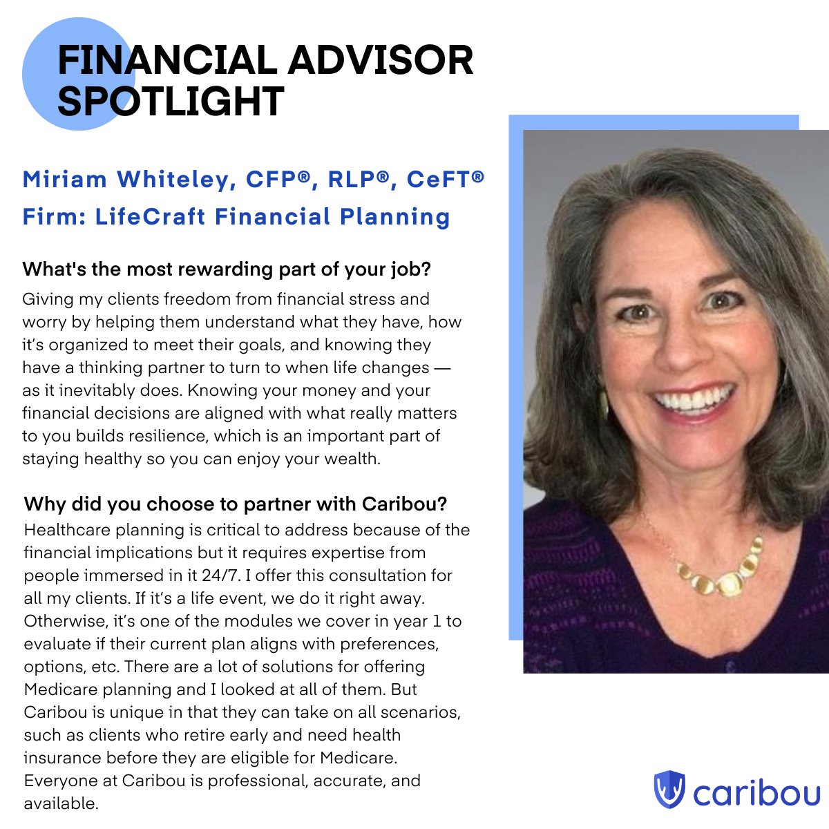 caribou_wealth's tweet photo. Our April #FinancialAdvisor of the Month is none other than @mimwit2312 CFP®, RLP®, CeFT®! 🎉
We're proud and thankful to work with LifeCraft Financial Planning to bring healthcare planning to their clients. https://t.co/6xXGXaUDWz