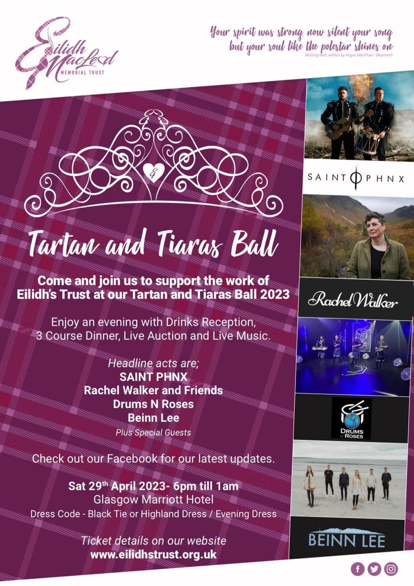 We have two brilliant gigs happening at the end of this month! Friday 28th sees us head down the road to Carradale music festival where we’ll be headlining and then on Saturday 29th we have the privilege of performing at @eilidhstrust Tartan & Tiaras Ball 2023 in Glasgow💃🏼🕺🏼🪩