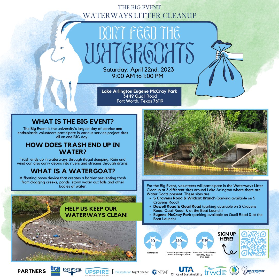 Join SHRM for the Big Event! We will be participating in the Waterways Litter Cleaup with <a href="/TrinityRivAuth/">TRA of Texas</a> and the UTA Office of Sustainability on Saturday, April 22 from 9:00 AM to 1:00 PM! Sign up by scanning the QR code or by going to this link: signup.com/go/DfVYoCU