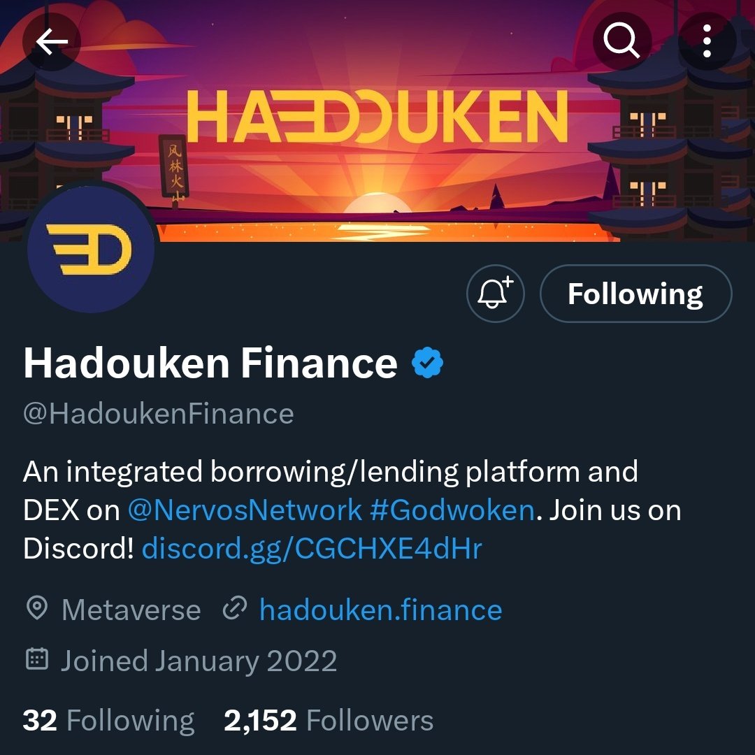 A must follow <a href="/HadoukenFinance/">Hadouken Finance</a>. Doing big things on the <a href="/NervosNetwork/">Nervos.bit</a>. Hadouken offers: -DeFi protocols for trading, -investment,
-lending and cross-chain bridging
<a href="/HadoukenFinance/">Hadouken Finance</a> is optimized for capital efficiency.  Don't miss out on a great opportunity! #DeFi #Crypto