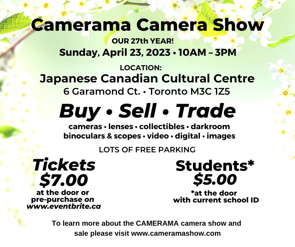 cameramashow's tweet photo. Camerama Camera Show on Sunday, April 23, 2023. Pre-purchase your ticket on https://t.co/vznomXpnzv
Renting a table? Contact Gary at https://t.co/uCmiyOOUvU 

#camera #camerashow #leica #nikon #pentax #canon #darkroom #cameraclub #film #photography #cine #photographystudent https://t.co/uEXE9Lnf6Z