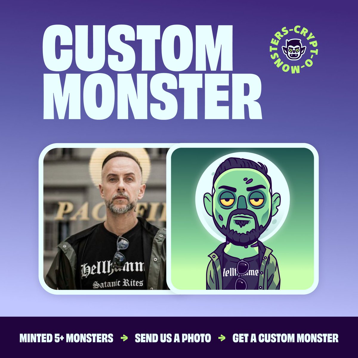 GM! Access The Crypt's lab and Mounstrify yourself!

1️⃣ Have minted 5 Crypt-O-Monsters (ETH)
2️⃣ Pick a monster type and send us your fav pic
3️⃣ Receive your Monster Selfie