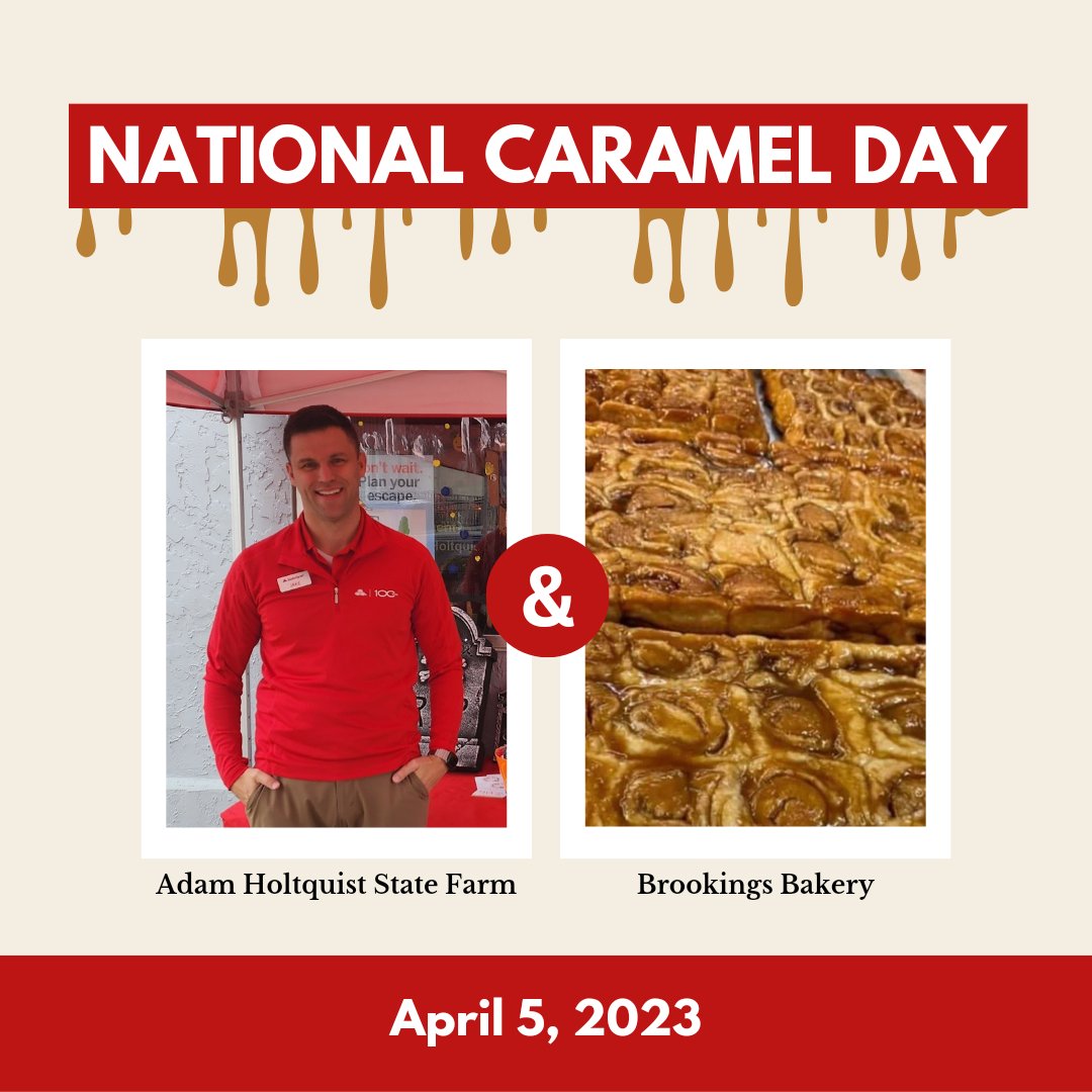 MyBrookingAgent's tweet photo. We are excited to announce National Caramel Day with Brookings Bakery! 🍩Stop on by Wednesday, April 5th at Brookings Bakery from 8am to 10am and grab a Caramel Roll on US!!  We look forward seeing you! 

#AdamHoltquistStateFarm #mybrookingsagent #BrookingsBakery #brookings https://t.co/9D2IMzWddt
