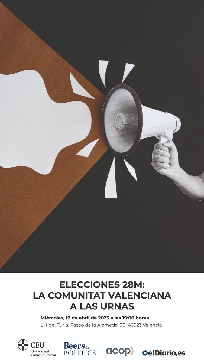 Álex Comes (@alejandrocomes) on Twitter photo Nos vemos el próximo 19 de abril, a las 19 horas, en el Llit del Túria, en una nueva edición de los debates de los y las estrategas de los principales partidos políticos de la Comunitat Valencina.
Organizado por la <a href="/uchceu/">Universidad CEU UCH</a>, <a href="/beerspolitics/">Beers&Politics</a> <a href="/compolitica/">ACOP</a> y <a href="/eldiarioes/">elDiario.es</a> Nos vemos el próximo 19 de abril, a las 19 horas, en el Llit del Túria, en una nueva edición de los debates de los y las estrategas de los principales partidos políticos de la Comunitat Valencina.
Organizado por la <a href="/uchceu/">Universidad CEU UCH</a>, <a href="/beerspolitics/">Beers&Politics</a> <a href="/compolitica/">ACOP</a> y <a href="/eldiarioes/">elDiario.es</a>
