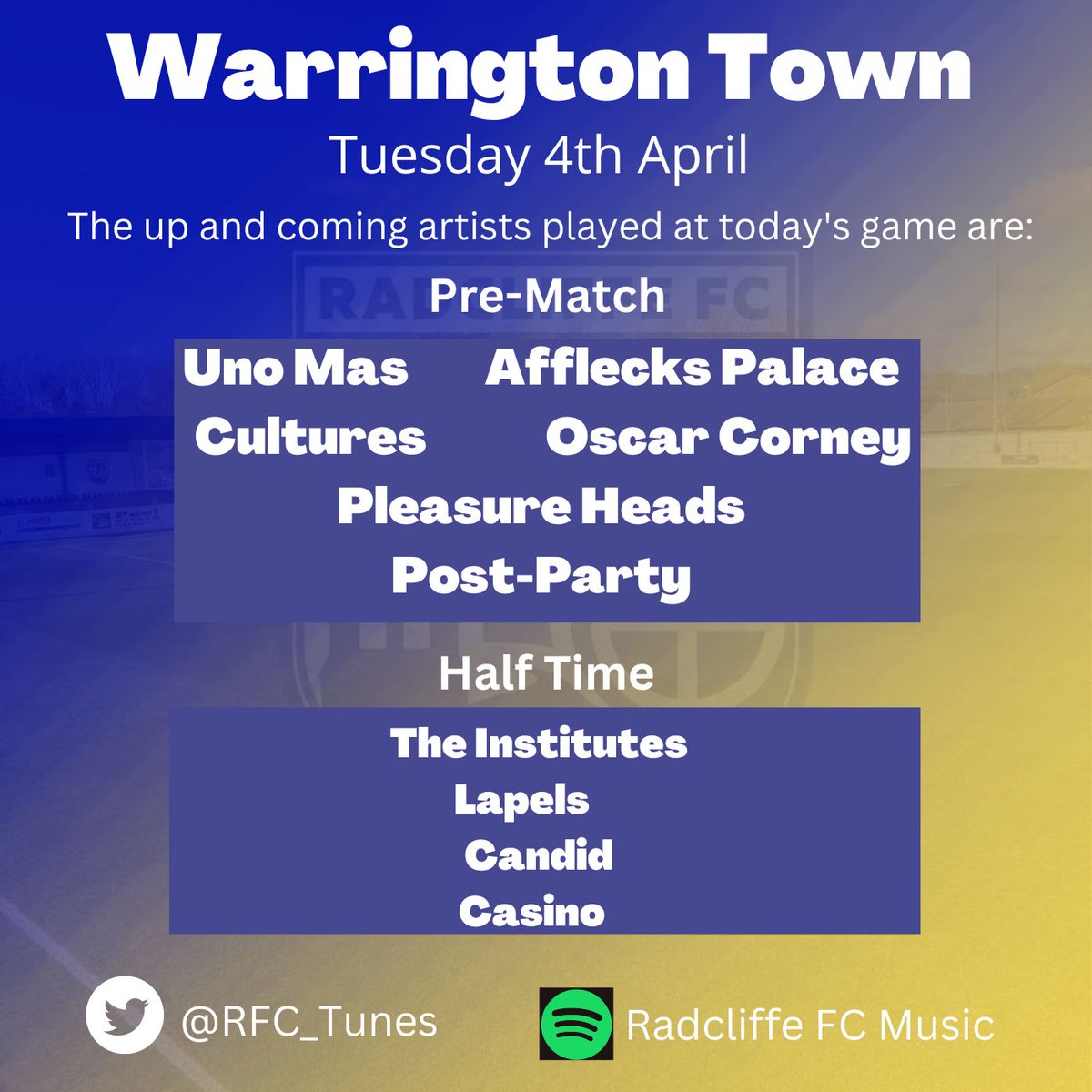 Radcliffe FC Music (@rfc_tunes) on Twitter photo Massive game tonight, as <a href="/radcliffeboro/">Radcliffe FC</a> (4th) take on <a href="/theyellows/">Warrington Town FC</a> (3rd) in the <a href="/NorthernPremLge/">The Pitching In Northern Premier League</a>. Better pull the big tunes out then, here’s the emerging artists on tonights playlist Massive game tonight, as <a href="/radcliffeboro/">Radcliffe FC</a> (4th) take on <a href="/theyellows/">Warrington Town FC</a> (3rd) in the <a href="/NorthernPremLge/">The Pitching In Northern Premier League</a>. Better pull the big tunes out then, here’s the emerging artists on tonights playlist