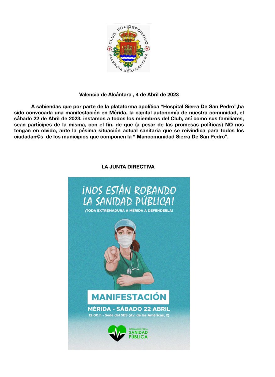 plataformahssp's tweet photo. 👏🏼👏🏼👏🏼 Comienzan a llegar los primeros apoyos y ánimos para unirse a la manifestación de Mérida del 22 de abril. El C.P.ValenciadeAlcántara es el primero en movilizar a sus miembros, familiares y simpatizantes.
😃 ¡Muchísimas gracias!
🙌🏼 ¡Vamos!
#YoVoyAMerida
#9pueblos1lucha https://t.co/UzO4nBAhU6