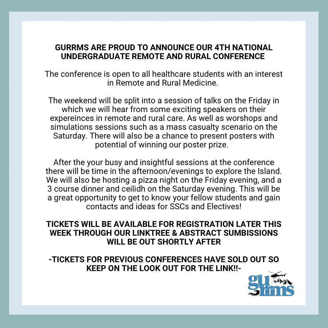 GURRMS's tweet photo. 📣4TH NATIONAL UNDERGRADUATE REMOTE AND RURAL CONFERENCE 📣

The weekend will be full of talks, workshops, time to explore this island as well as a dinner and ceilidh! 

Swipe along to find out more about the conference and tickets 🎟️ 

GURRMS xx https://t.co/DzGLDKSjP7