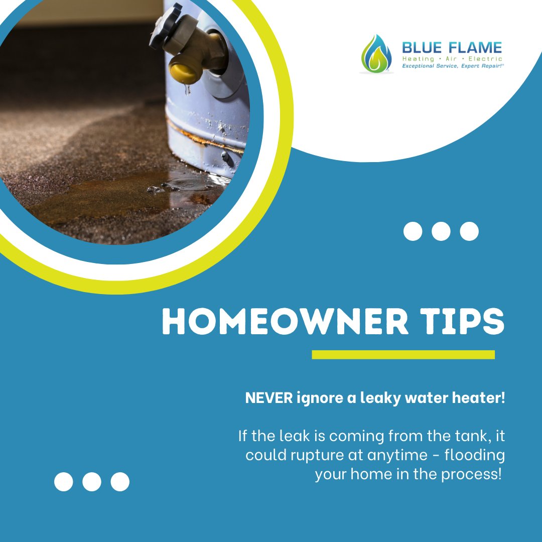 BlueFlameEnergy's tweet photo. Here's a #TuesdayTip - if your water heater is leaking, don't ignore it! Always have any water heater leaks inspected as soon as you find them to prevent further damage. 👍

#HomeownerTips #BlueFlame https://t.co/Nk4QDLTgi6
