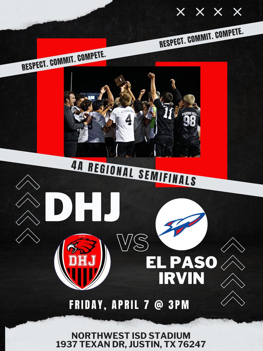 DHJboysSoccer's tweet image. 🚨PLAYOFFS: REGIONAL SEMIFINALS🚨
 🆚El Paso Irvin 
 🗓️FRIDAY, April 7th
⏰3:00pm 
🏟️Northwest ISD Stadium
 1937 Texan Dr, Justin, TX 76247  
🎟️TIX INFO: Tickets are $10/$5
Can be bought online or at the gate!
protect-usb.mimecast.com/s/hNO9CypvRmc9…
AWAY SIDE

#ONEGAMEATATIME