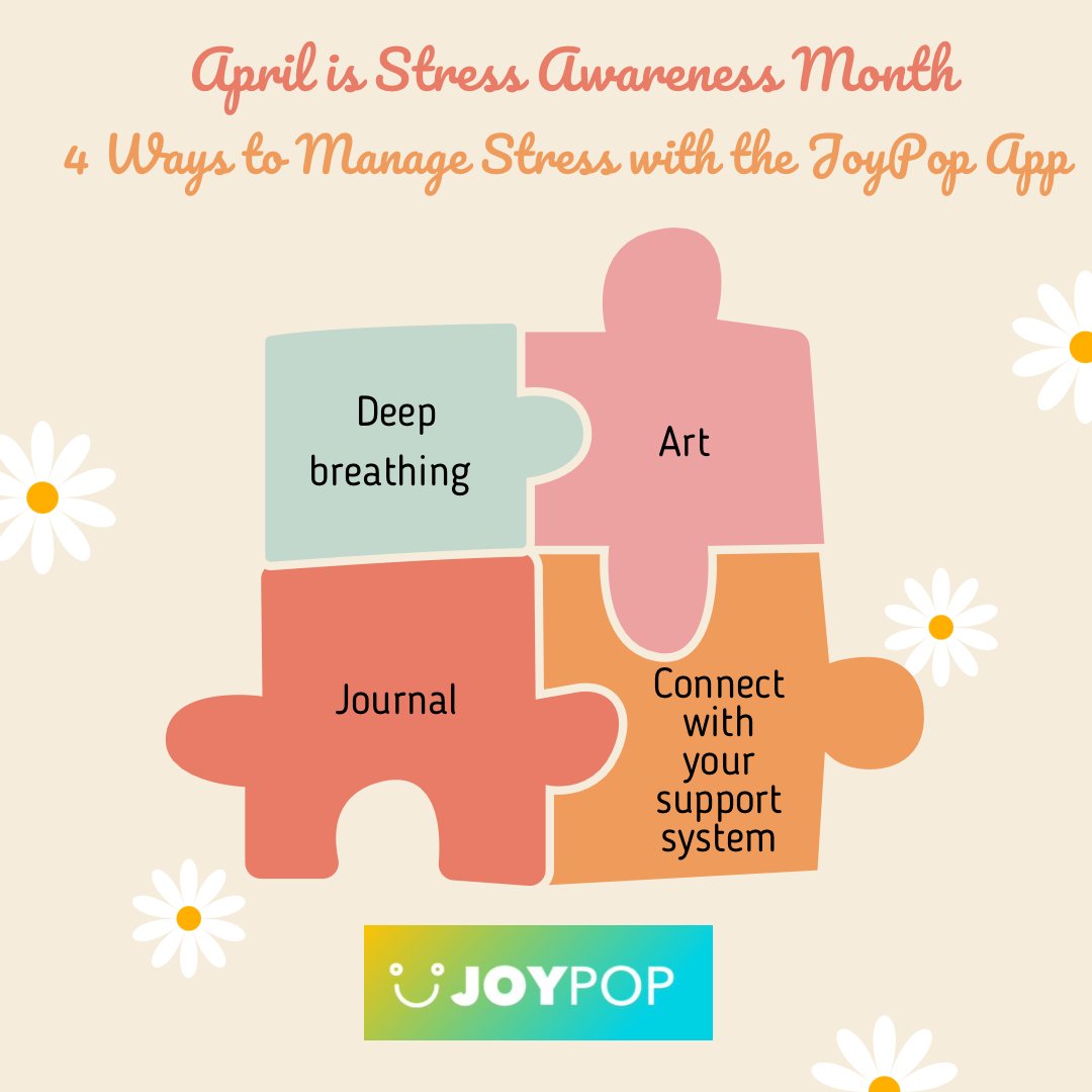 April is #StressAwarenessMonth! With this in mind, try the deep breathing exercises, art feature, journaling, or circle of trust to effectively #cope with your #stress and enhance #positive emotionality! Try it out today! <a href="/DrWekerle/">Dr.Christine Wekerle</a> <a href="/JoyPop_app/">The JoyPop App</a>
