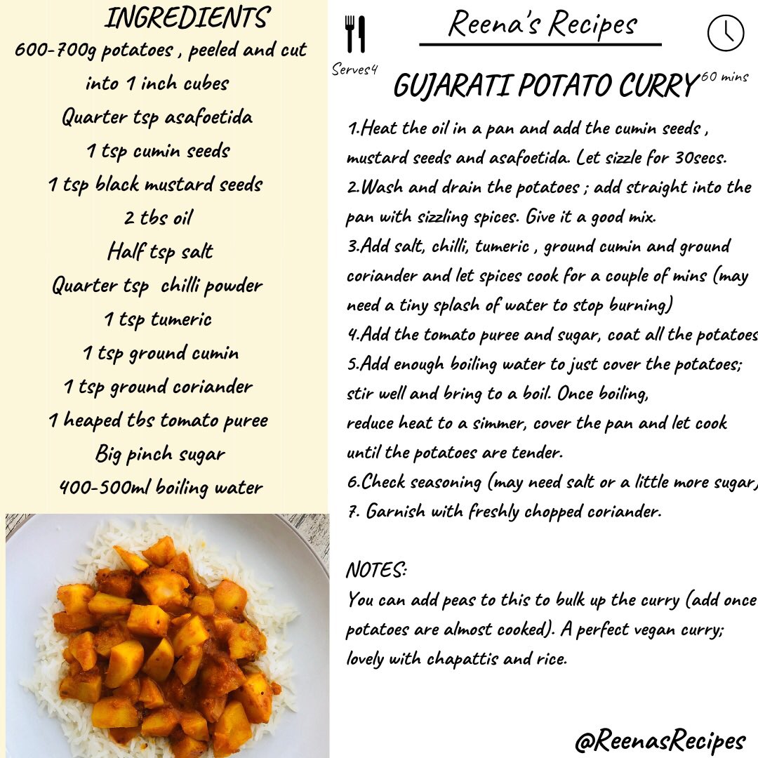 ChotaiReena's tweet image. Sometimes it's best to keep things simple. My version of #Gujarati Potato Curry (Bateta Nu Shaak). Minimal spices used &amp;amp; can be made in 20 mins. Any variety of potatoes can be used, but avoid floury ones. Best served with hot chappatis and plain boiled rice 🍚#ReenasRecipes