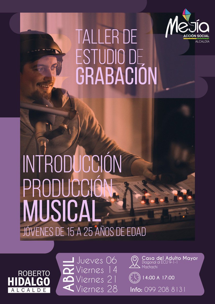Crea, graba, mezcla y masteriza tus proyectos musicales en nuestro taller básico de 𝗣𝗥𝗢𝗗𝗨𝗖𝗖𝗜Ó𝗡 𝗠𝗨𝗦𝗜𝗖𝗔𝗟 y 𝗘𝗦𝗧𝗨𝗗𝗜𝗢 𝗗𝗘 𝗚𝗥𝗔𝗕𝗔𝗖𝗜Ó𝗡

¡Te esperamos!

📲 Inscripciones bit.ly/3nNiKas

#LoHacemosPorTiMejía  💛💚