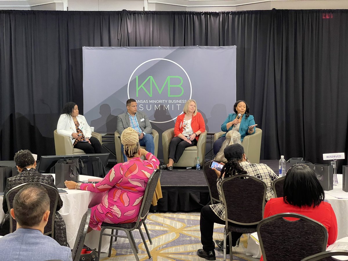 KansasChamber's tweet photo. After a productive networking break, an amazing panel took the stage to share invaluable human resource strategies at #KMB23. The panel includes John Ford (@GLMVArchInc), Michele L. Watley (@TheGriotGroup) and moderator Sheila Ellis-Glasper (@SEG_Media)

#KSJobCreators https://t.co/PG5BPbDCHC