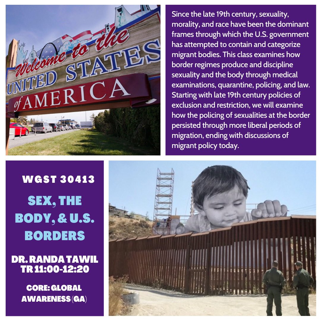 TCUWGST's tweet photo. Dr. Randa Tawil is teaching Sex, the Body, and U.S. Borders this fall! This course fulfills TCU’s core Global Awareness (GA) requirement. Enroll today! https://t.co/CwnsqMzCO9