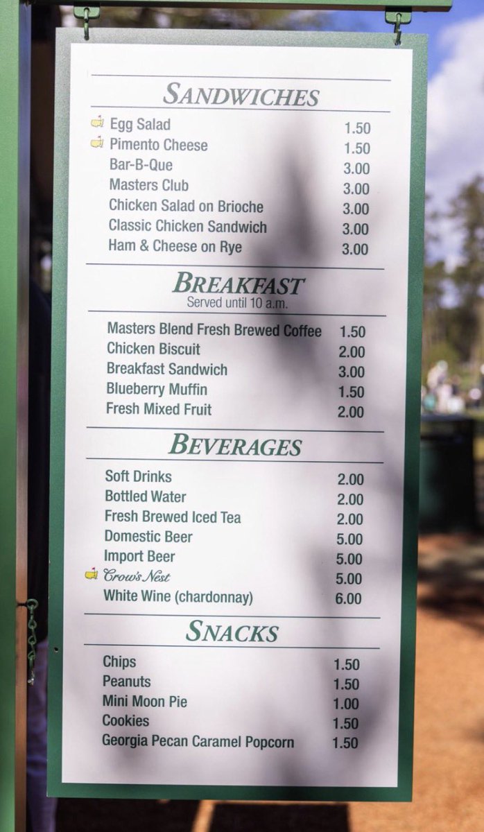 JoePompliano's tweet photo. Huge shoutout to The Masters for continuously being one of the only sporting events that has an affordable menu at the concession stand 👏 https://t.co/YrFXNeEGSZ