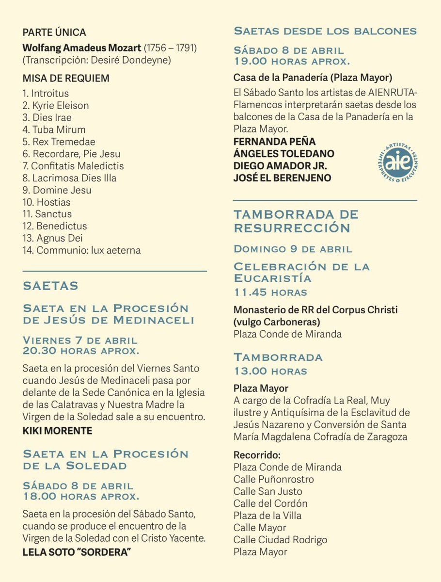 aieartistas's tweet photo. AIE participa en la programación de Semana Santa de Madrid con algunos de los artistas de las dos ultimas ediciones de #AIEnRUTaFlamencos, que formarán parte de las Saetas del Balcón, el sábado 8 de abril de 19:00 a 19:30h.

ℹ️ Toda la información en: 
https://t.co/pZa7IRtDCG https://t.co/2JoeEVQI30