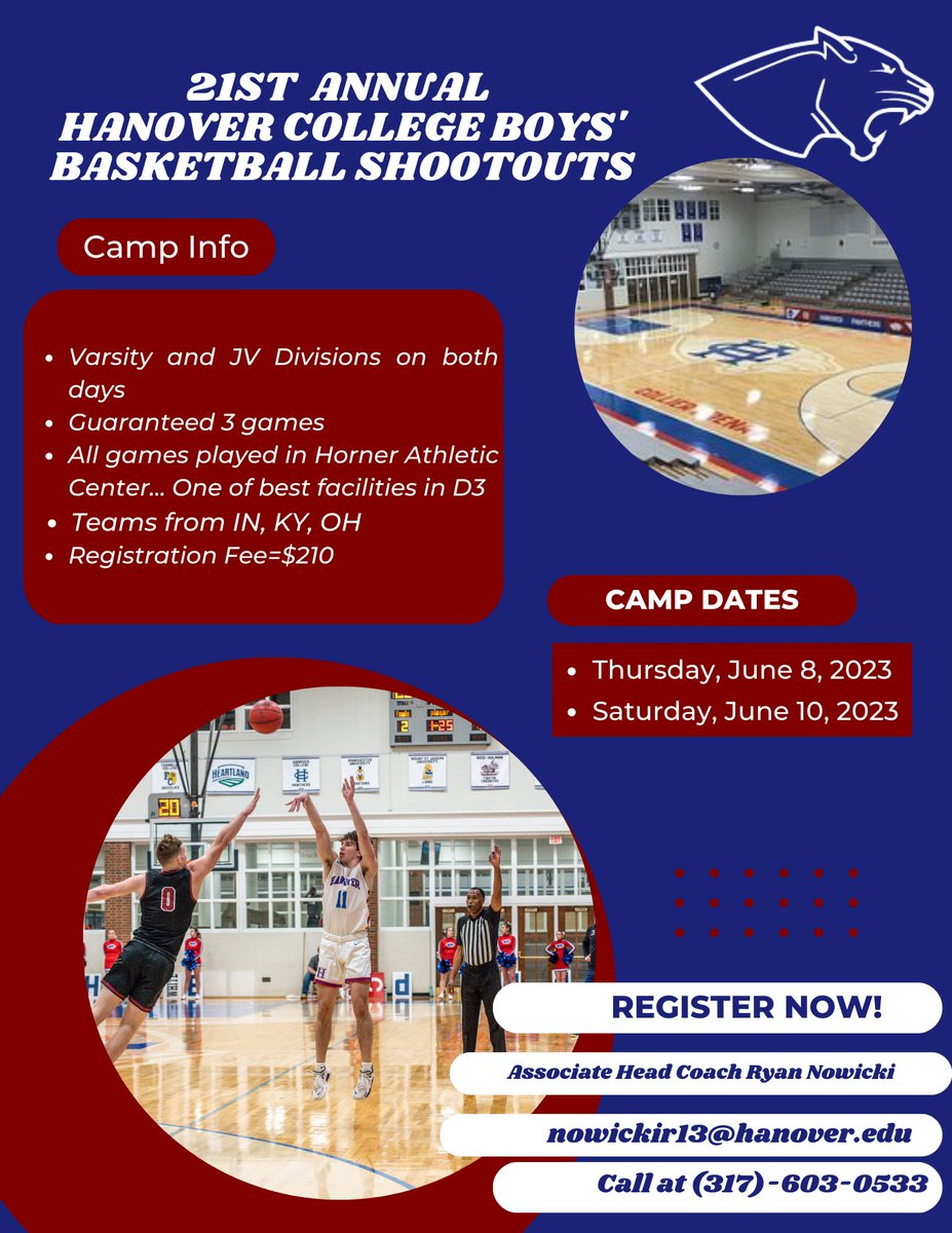 High School Shootout Dates! Come play at a top-level college facility! Teams from Indiana, KY, and OH already registered. Limited spots available. Register soon to reserve a spot. 
-Contact Asst. Coach Ryan Nowicki nowickir13@hanover.edu