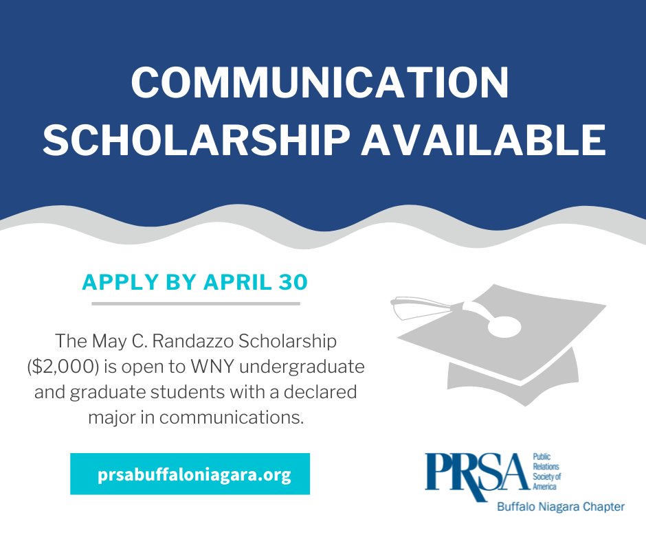 Attention communication majors! We are now accepting submissions for the May C. Randazzo Scholarship. Don't delay, our deadline is April 30, 2023. Criteria and details: prsabuffaloniagara.org/May_C._Randazz…