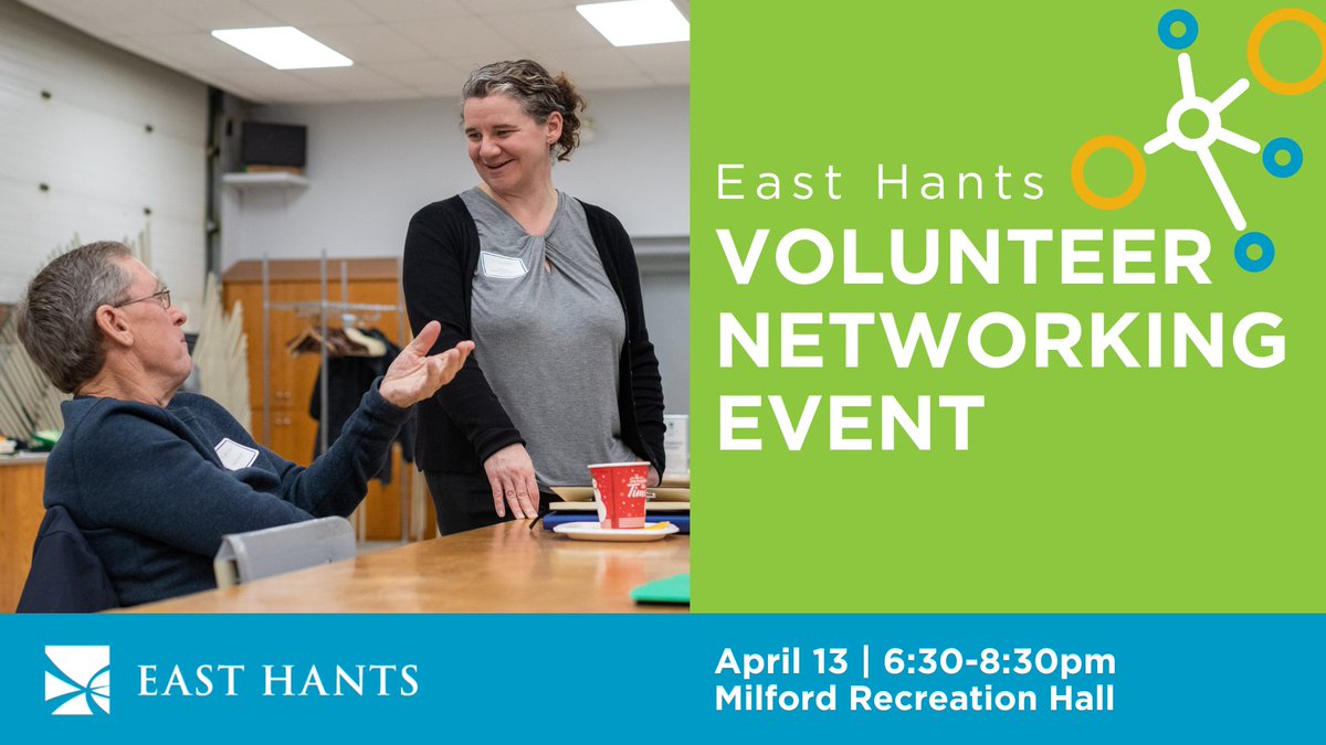 East Hants Volunteers are invited to our free Volunteer Networking Event on April 13 from 6:30-8:30pm at the Milford Recreation Hall. Come ask our staff &amp; guests questions about grants, insurance, recruitment and more! Refreshments  provided!

RSVP now: ow.ly/ibk250Nu4kU